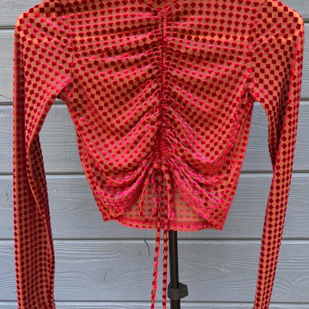 Ruched Checkered Long-Sleeve Crop Top in Pink and Brown